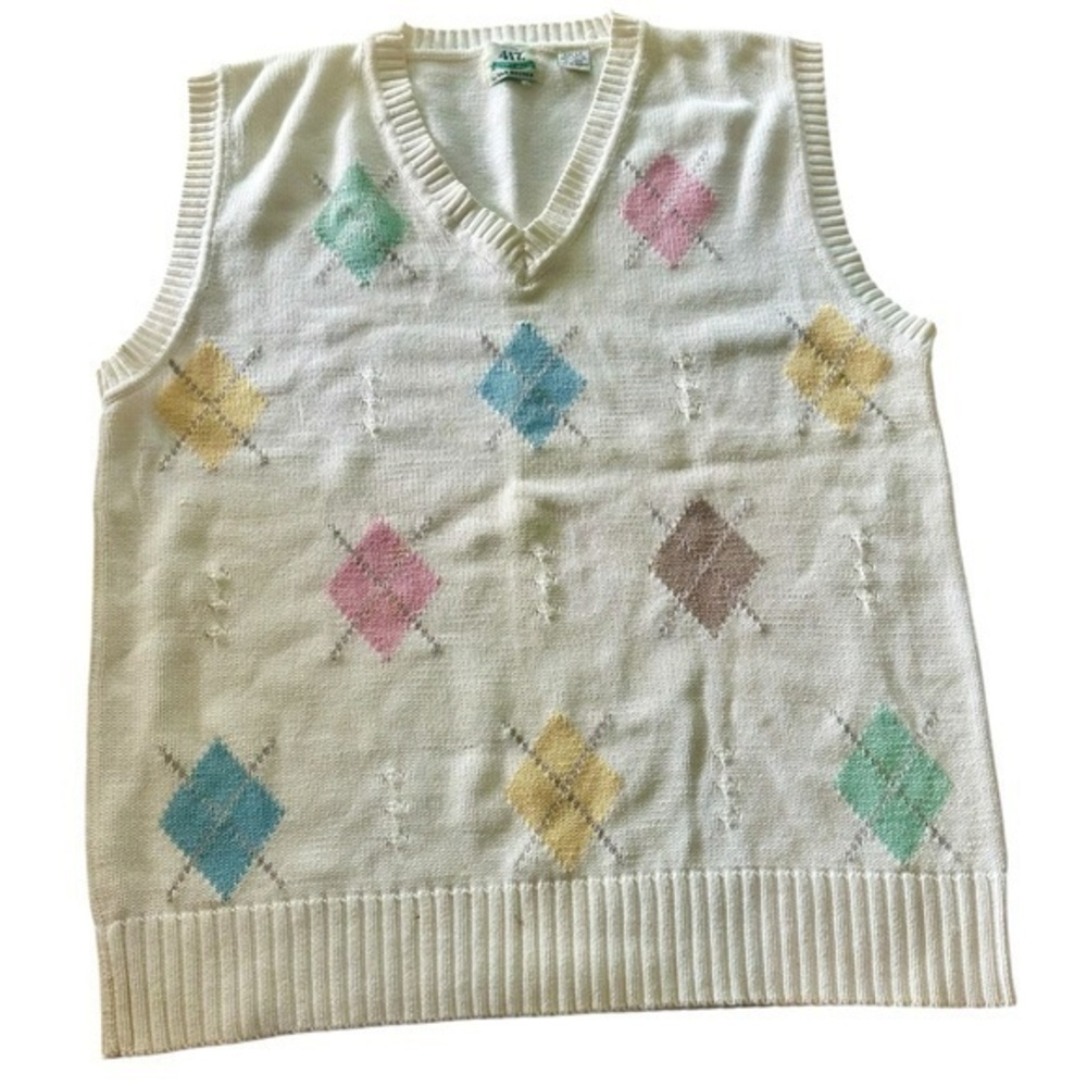 Vintage 417 Van Heusen Argyle Sweater Vest Mens Size Large Tall Cream and Pastel